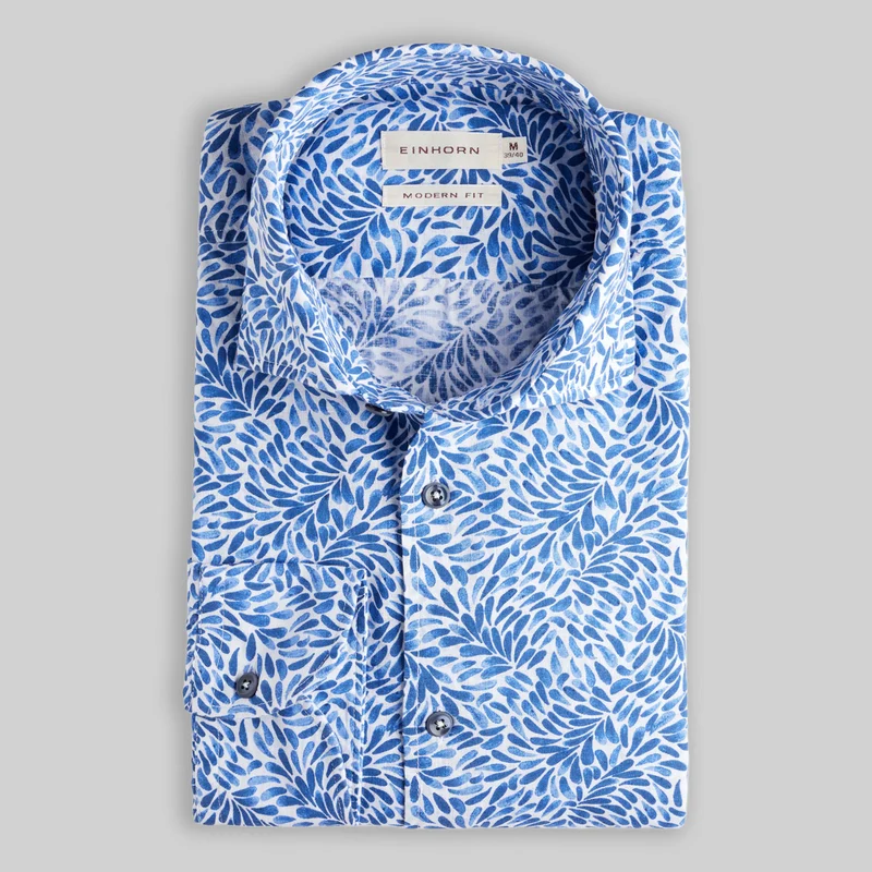 Leinenbaumwollhemd mit floralem Print Modern Fit Hellblau