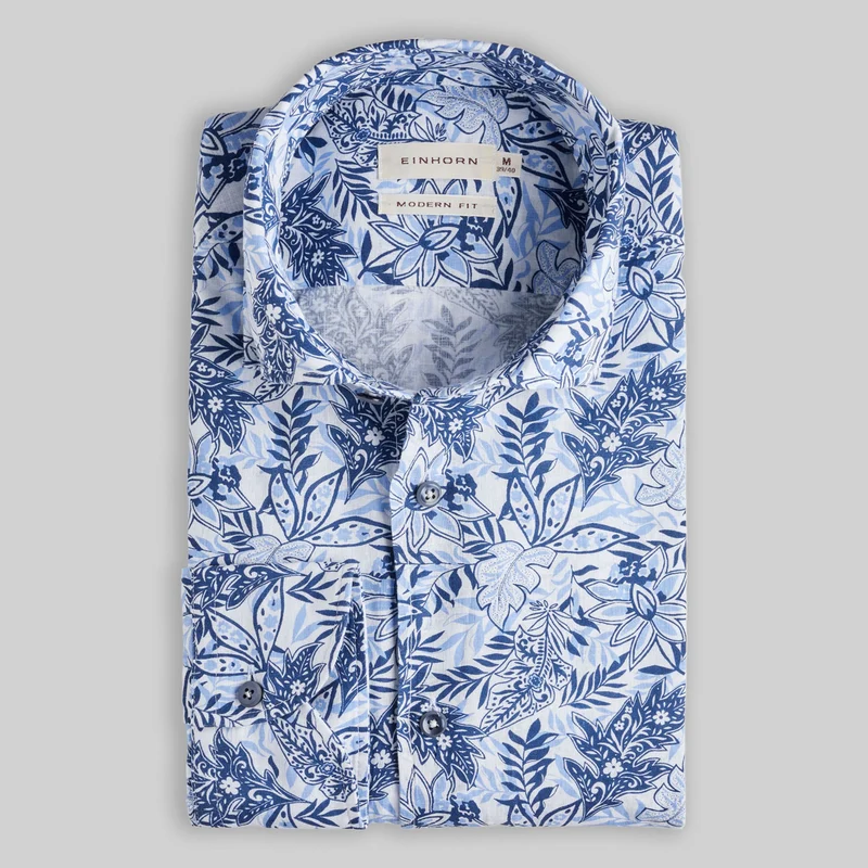 Leinenbaumwollhemd mit floralem Print Modern Fit Blau
