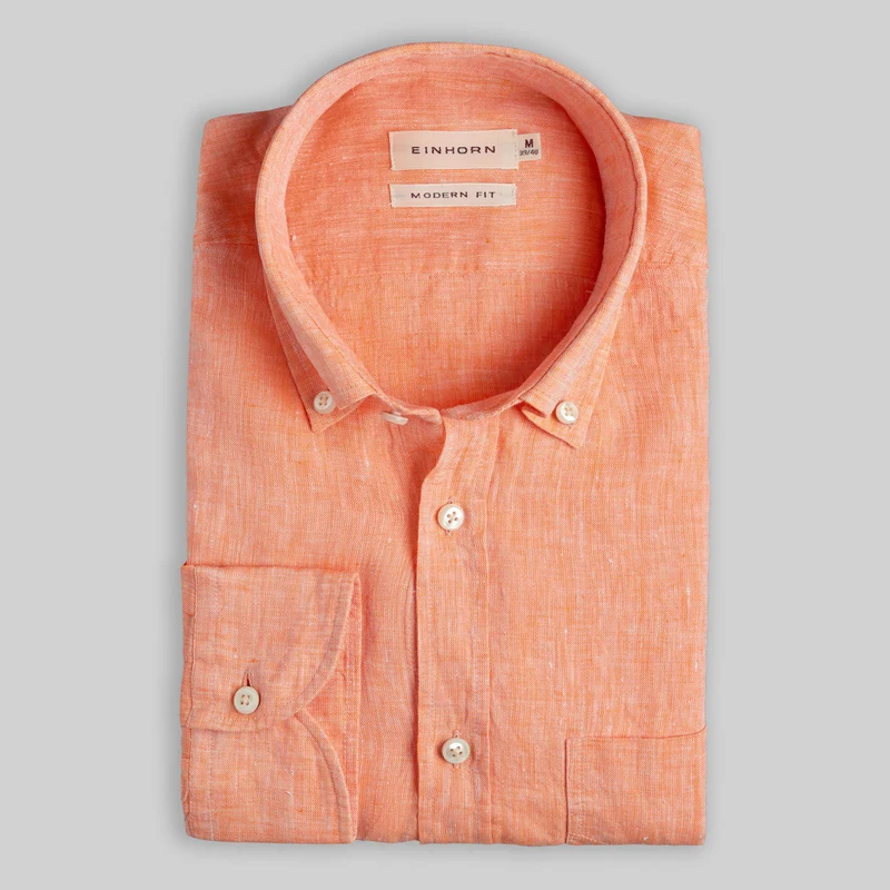 Leinenhemd Orange Modern Fit Button Down mit Brusttasche
