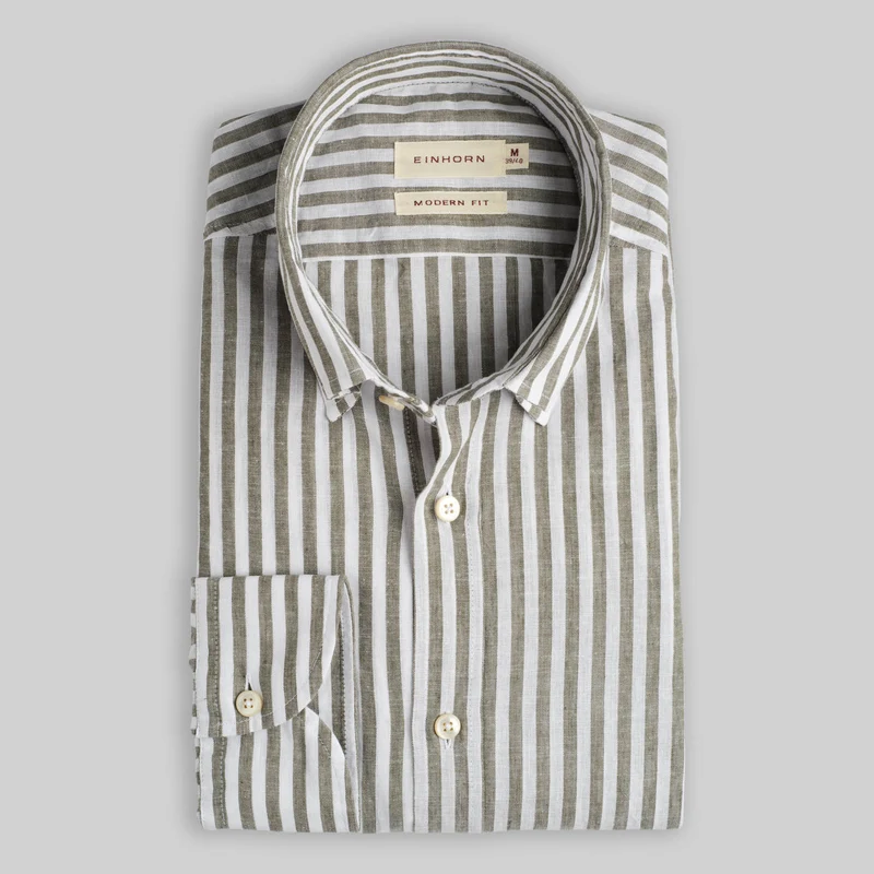 Hemd Modern Fit Leinen Button Down Streifen Olive