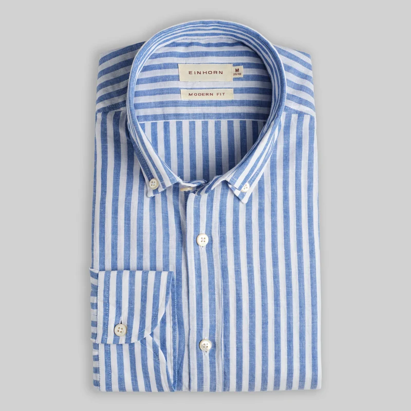 Hemd Modern Fit Gewaschen Leinen Button Down Streifen Navy