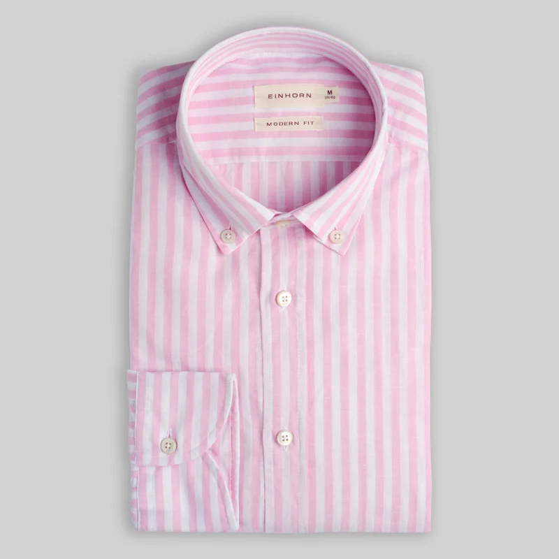 Hemd Modern Fit Leinen Button Down Streifen Rosa