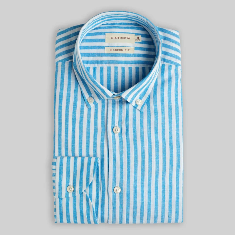 Hemd Modern Fit Leinen Button Down Streifen Aqua