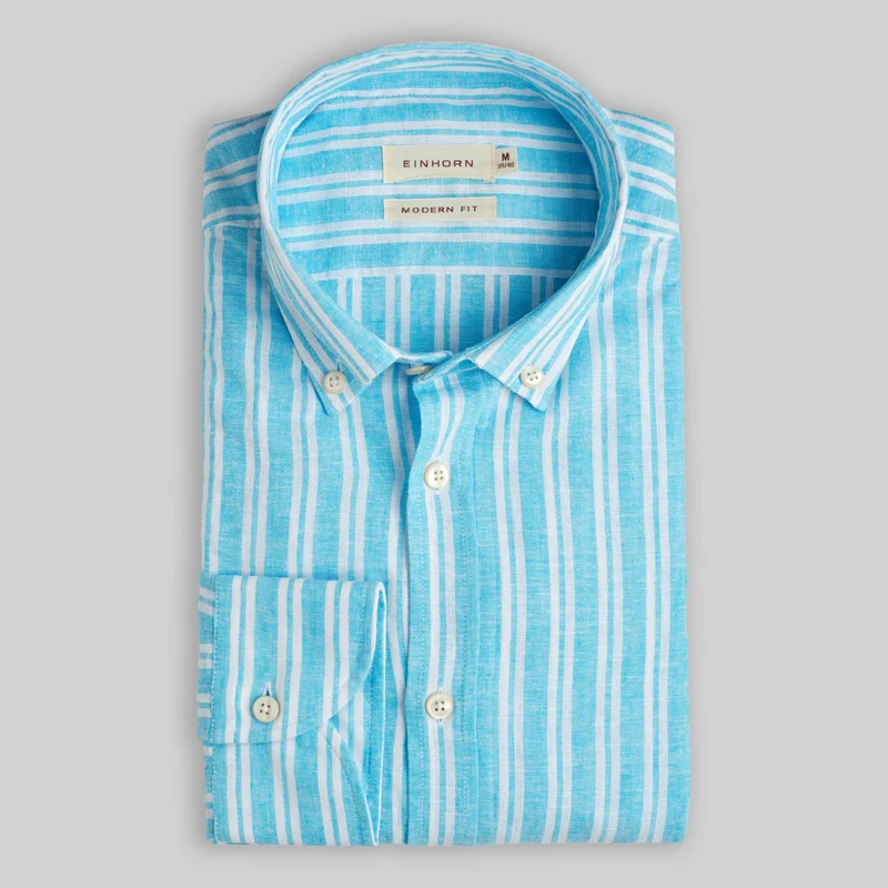 Hemd Modern Fit Leinen Button Down Streifen Aqua