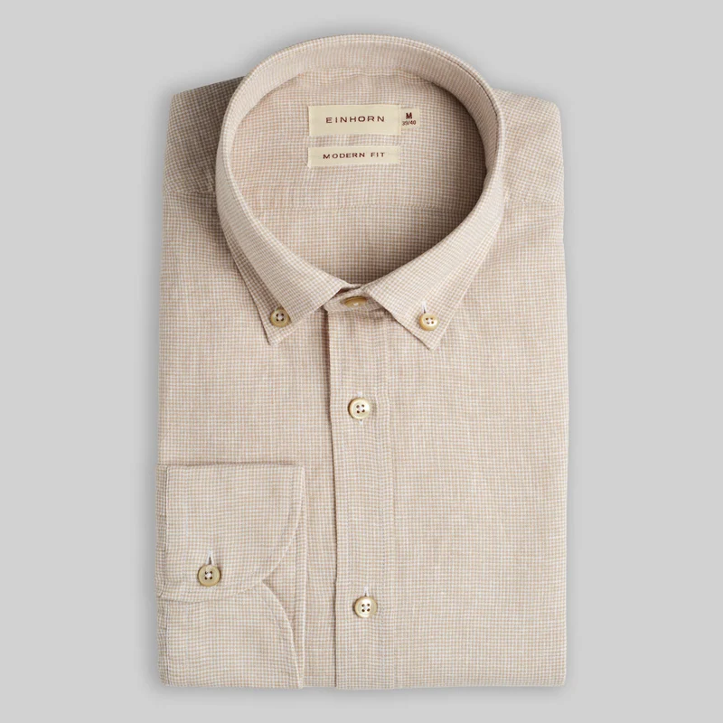 Hemd Modern Fit Leinen Mini Check Beige