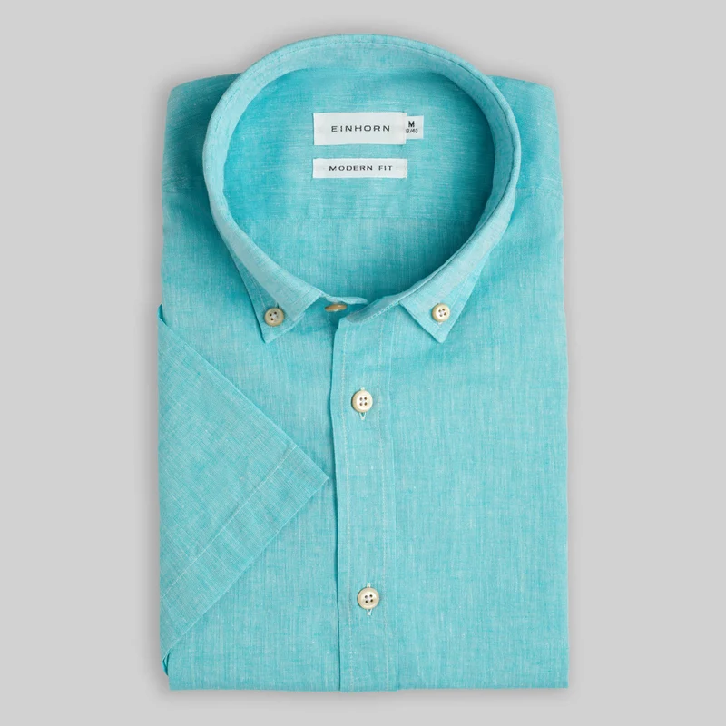 Kurzarmhemd Modern Fit mit Button Down Leinen Türkis