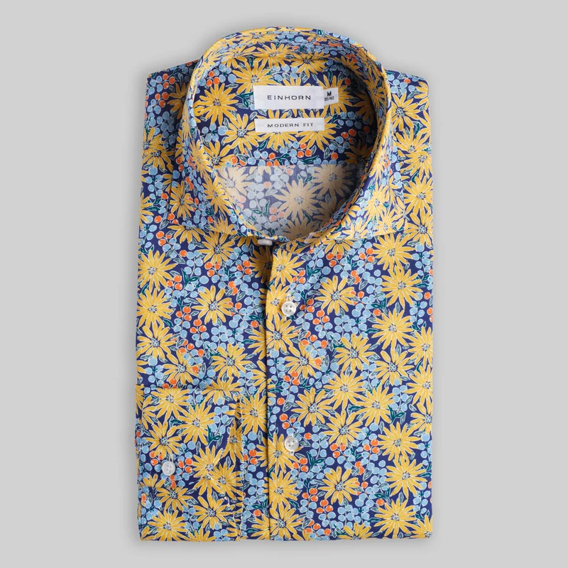 Hemd Modern Fit Gewaschen Floralem Print Navy / Gelb
