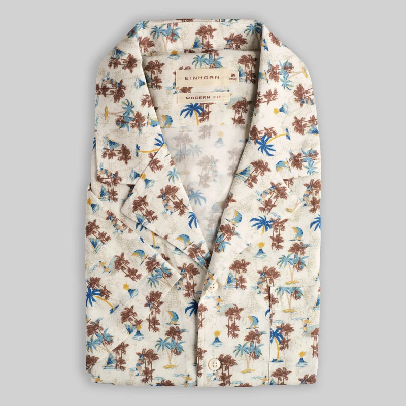 Resort Shirt Gewaschen Palmen Print Grün/ Weiss