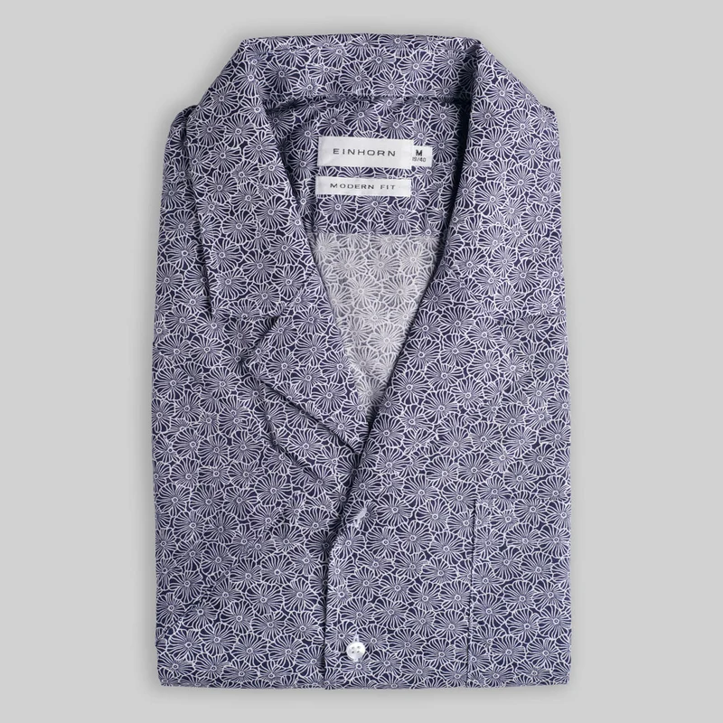 Resort Shirt Gewaschen Floralem Print Navy / Weiss
