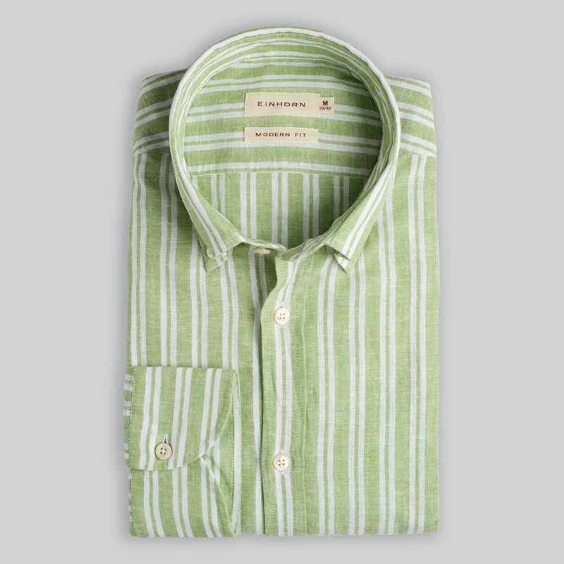 Hemd Modern Fit Leinen Button Down Streifen Grün
