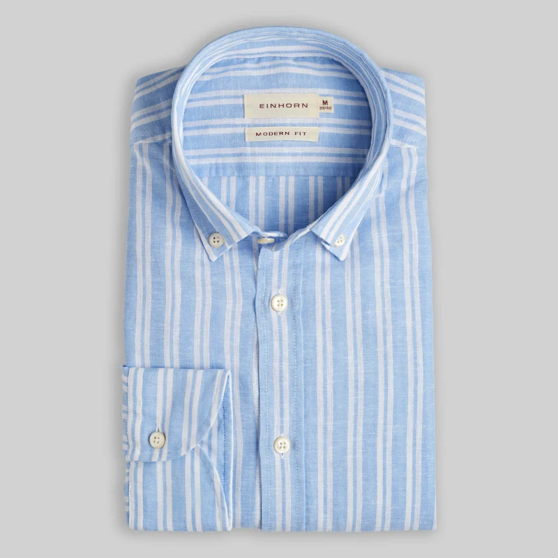 Hemd Modern Fit Leinen Button Down Streifen Blau