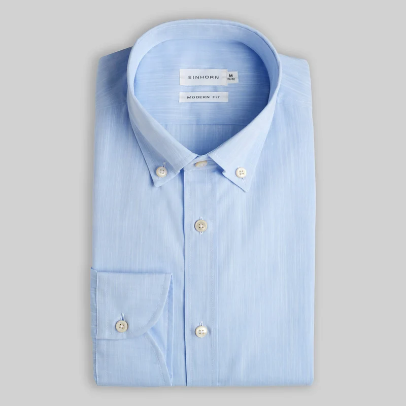 Hemd Modern Fit Gewaschen Uni Blau mit Button Down