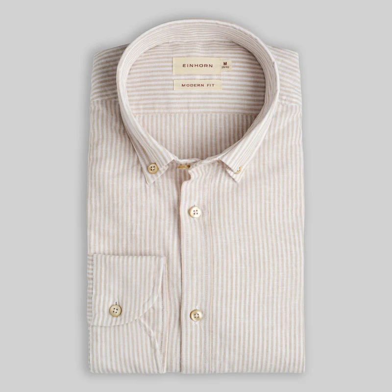 Hemd Modern Fit Leinen Streifen Beige mit Button Down