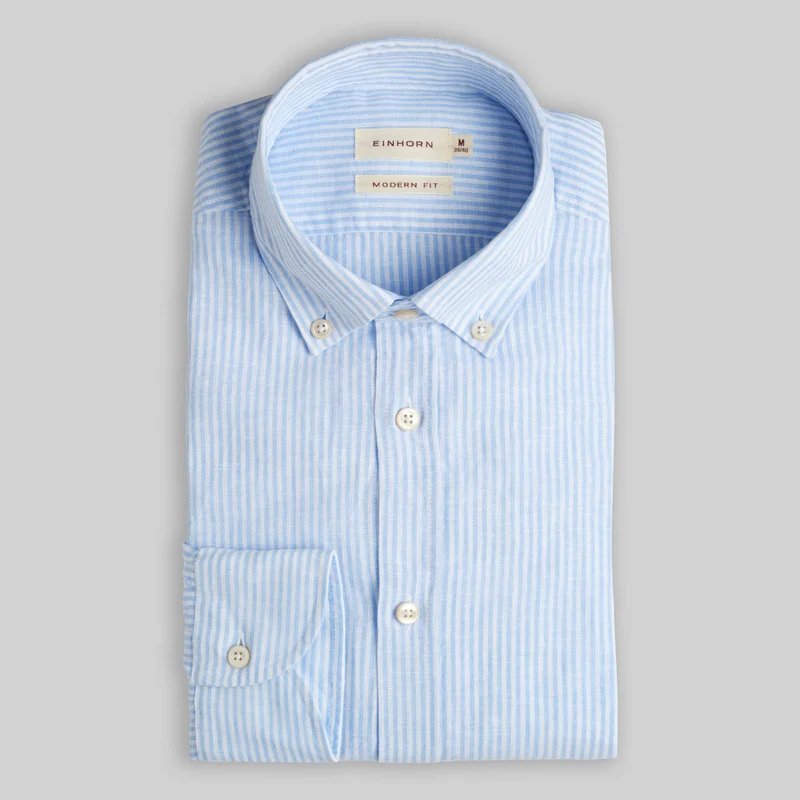 Hemd Modern Fit Leinen Streifen Blau mit Button Down