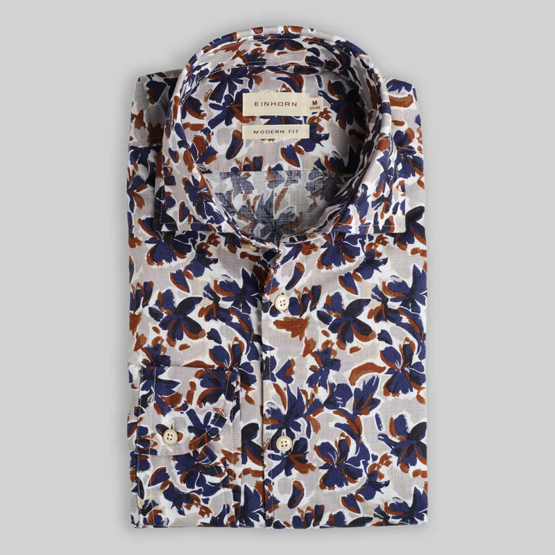 Hemd Modern Fit Gewaschen Floralem Print Navy / Rot