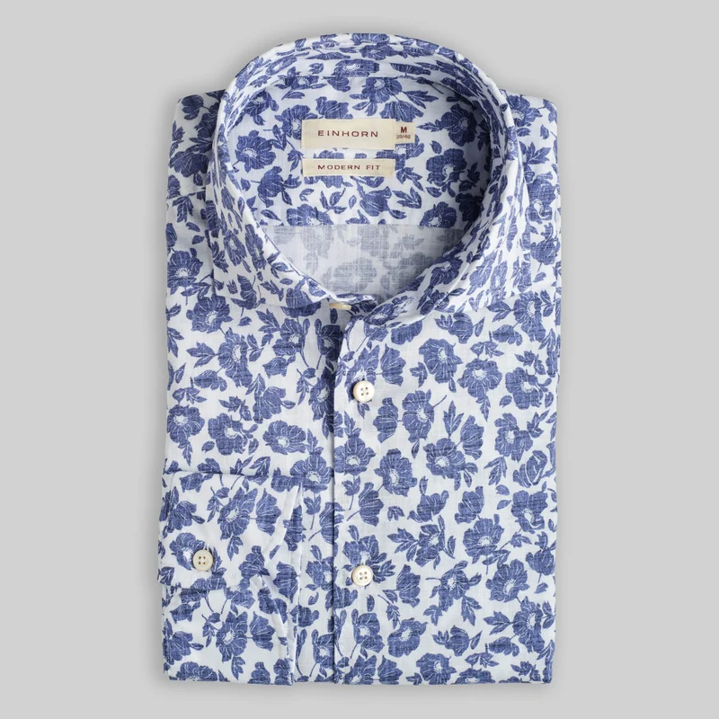 Hemd Modern Fit Gewaschen Floralem Print Navy / Weiss