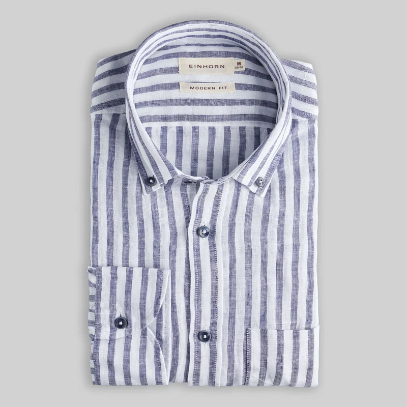 Leinenhemd Navy Modern Fit Button Down mit Brusttasche