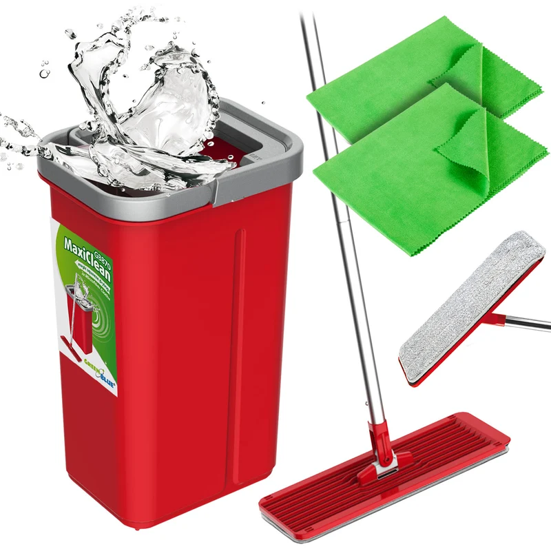 MaxiClean Flachmopp Set mit 2 in 1 Putzeimer 5,7L Wischmop Set Bodenwischer Mopp Mop Reinigungssystem Reiniger 360° Drehbarer Moppkopf (Flach-Mopp und Eimer Set + 2x Mikrofasertücher