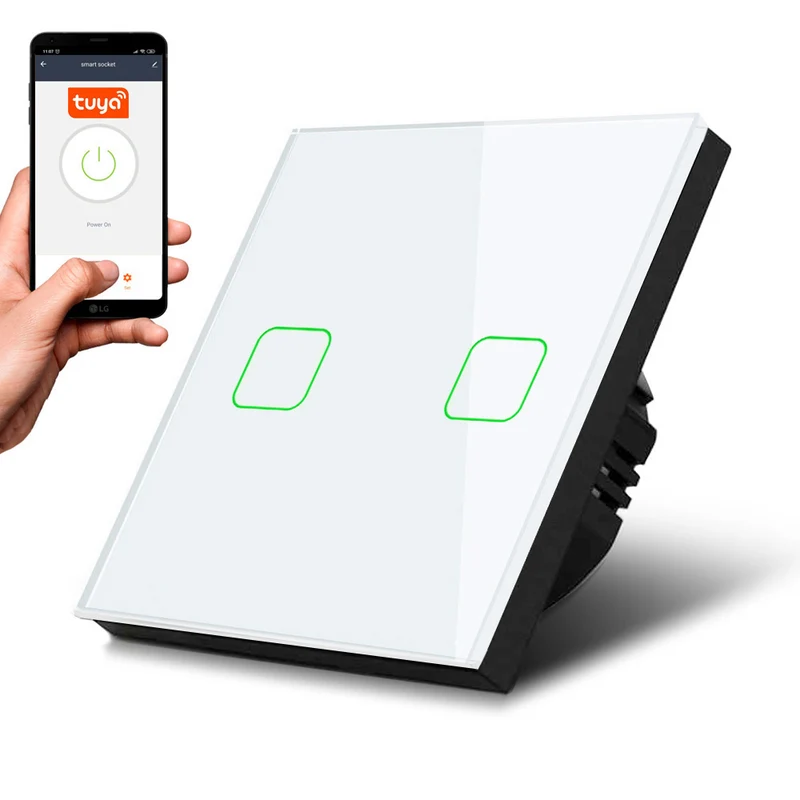 Touch Lichtschalter Smart WiFi 2-Fach Kompatibel mit Tuya APP Wandschalter Glas Schalter mit Farbwechsel LED Hintergrundbeleuchtung Einbauschalter 85x85mm (2-Fach Eckig, Weiß)