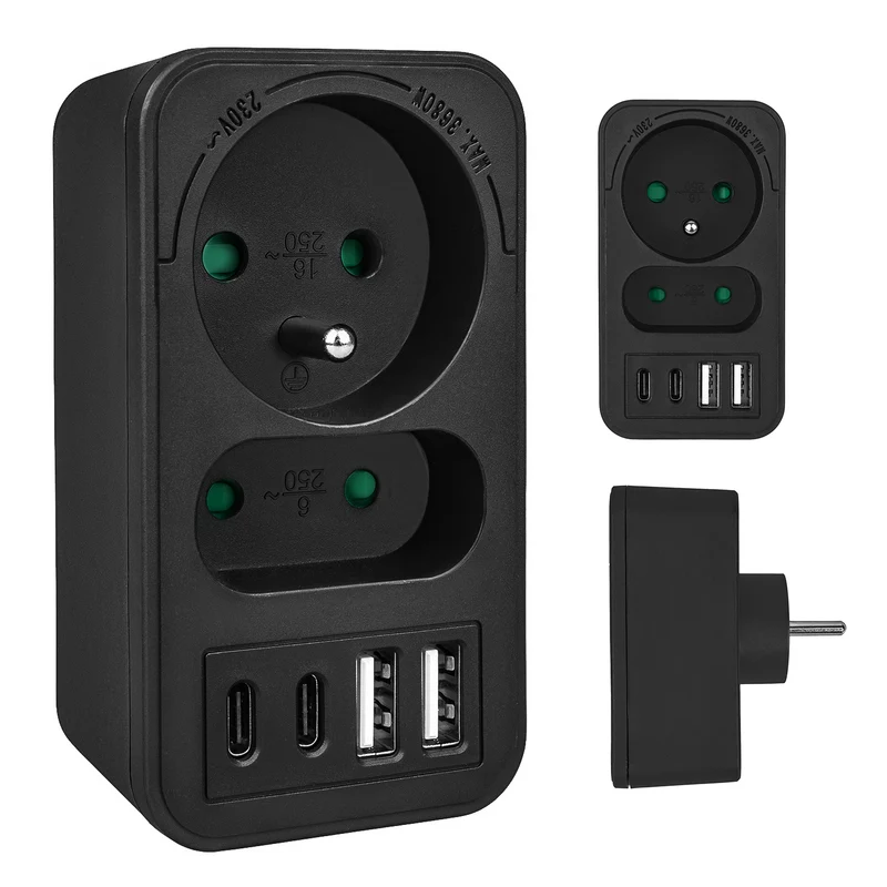 Maclean Stromsteckdose x2 + 4xUSB, Verteiler mit 2 Steckdosen, 2xUSB A, 2xUSB C PD 20W, 1x16A + 1x6A, MCE249 F/B