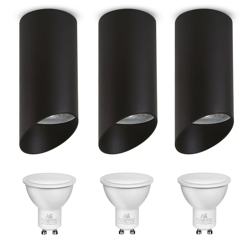Maclean Anbauleuchte/Rohr, Spot, rund, Aluminium, GU10, 55x130mm, Farbe schwarz, MCE360 B 3Stk + LED-Leuchtmittel GU10 7W Maclean Energy MCE437 WW warmweiß 3000K, 220-240V~, 50/60Hz, 3Stk