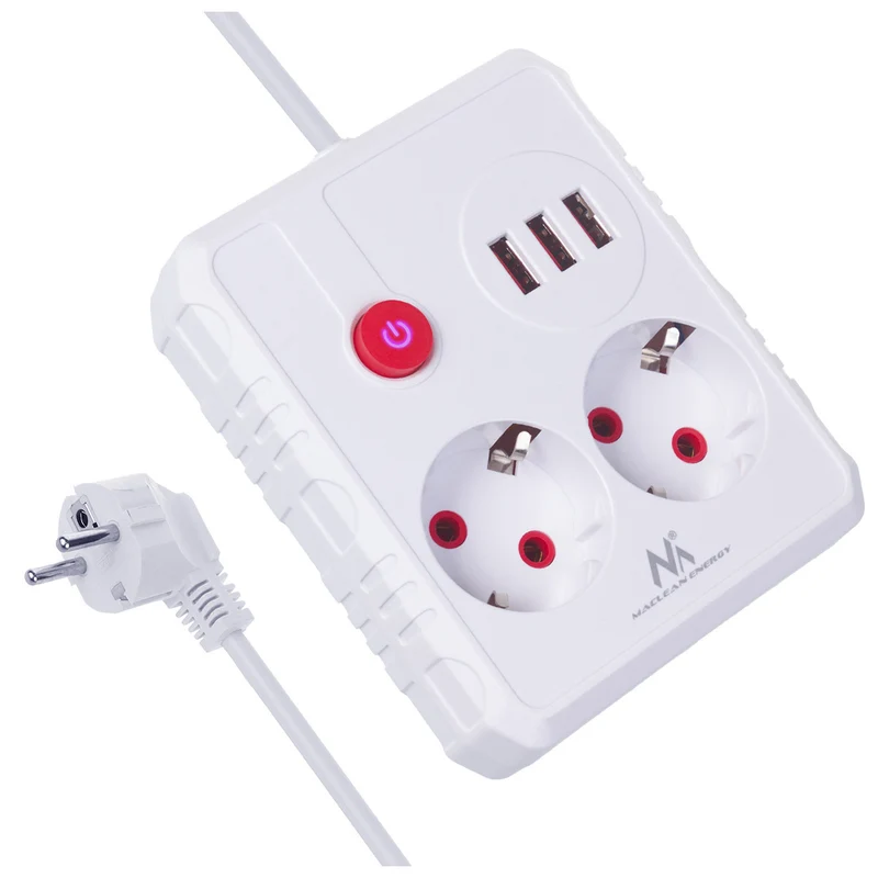 Maclean Steckdosenleiste, Verlängerungskabel 2 Steckdosen + 3xUSB, 110-240V AC 50/60Hz, 2,1A max 2500W, 1,5m, weiß, MCE387 W