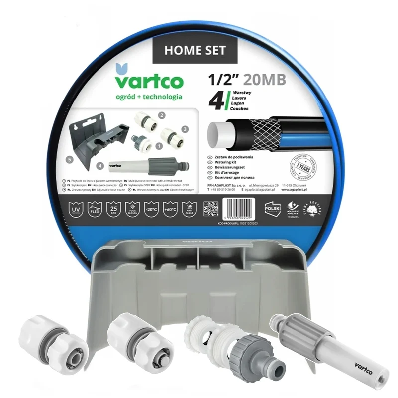 Vartco Garten-Set, 1/2'' 20m Schlauch, stop and go Schnellkupplung, Wasserhahnanschluss, Sprinkler, Wandhalter, Home Set