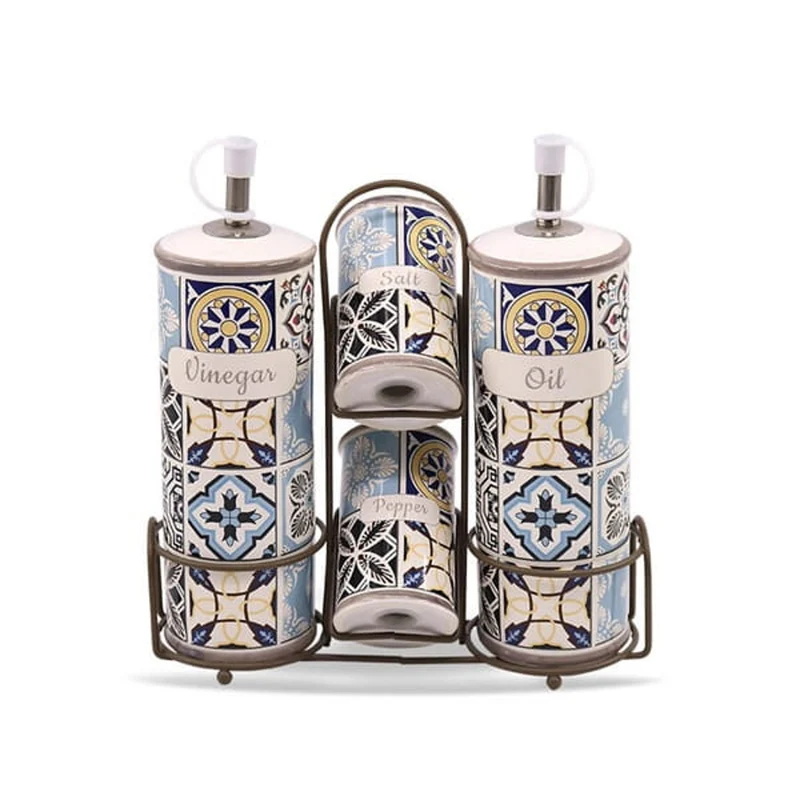 Holiday in Porto Maestro Keramik-Gewürzset, 5 Elemente, Fassungsvermögen 2x100ml und 2x300ml, Mit Metallständer, MR-20005-04S