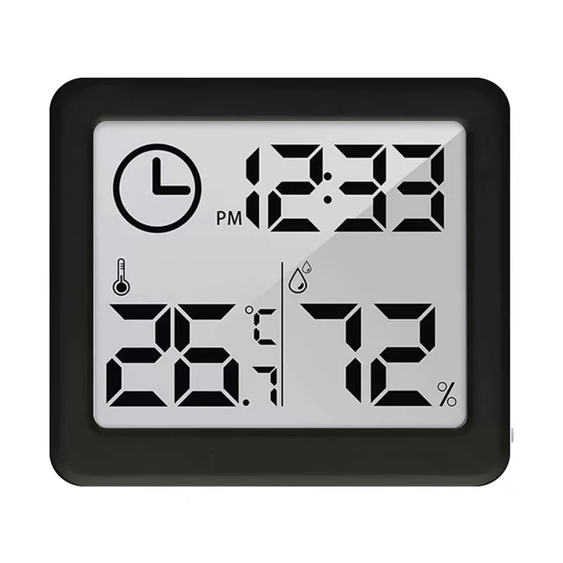 Digitales Thermometer/Hygrometer mit Uhrfunktion, Umgebungstemperatur und Luftfeuchtigkeit (Schwarz)
