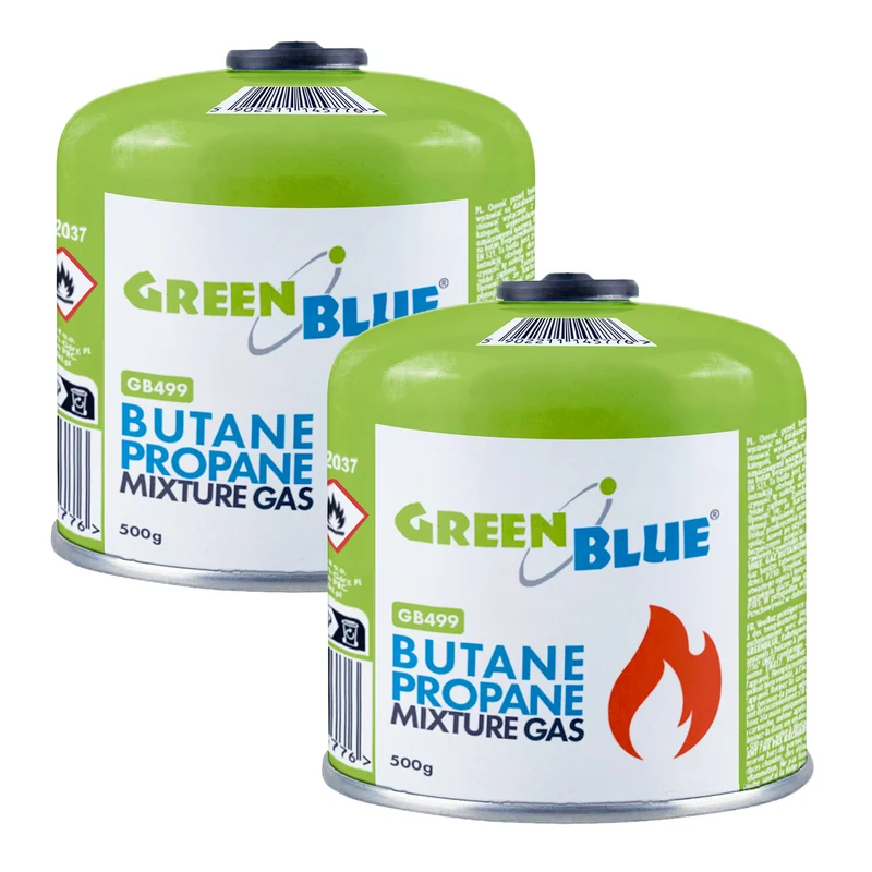 2x 500-g-Gaspatronen GreenBlue. Zertifizierung: Pi 0437, gemäß EN 417, Butan-Propan, Temperaturbereich -10 °C bis +40 °C, Gewindeventil 7/16'' GB499