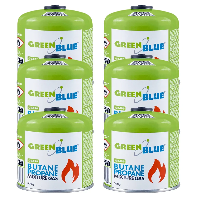 6 Gaspatronen à 500 g GreenBlue. Zertifizierung: Pi 0437, gemäß EN 417, Butan-Propan, Einsatzbereich -10 °C bis +40 °C, Gewindeventil 7/16'' GB499