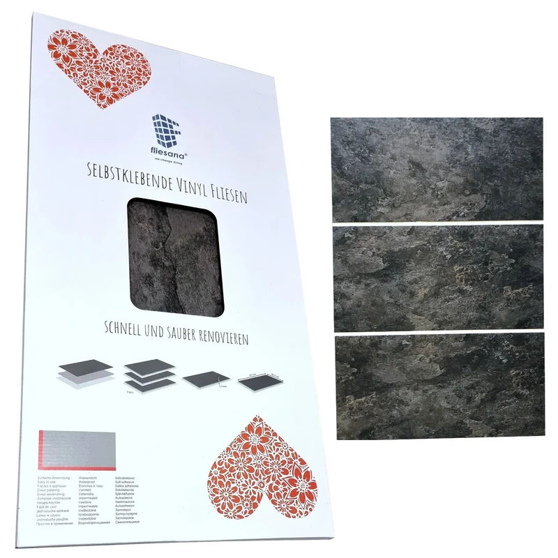 Fliesana selbstklebende Wand- und Bodenfliesen, 3er-Set, wasserfest, Natursteindesign (Schiefer)