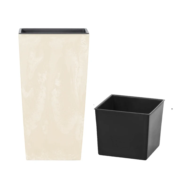 Urbi Square Beton Effect Blumentopf in Betonoptik Pflanzkübel 2 in 1 inkl. Pflanztopf Kunststoff Eckig (140x140x265mm, Creme)
