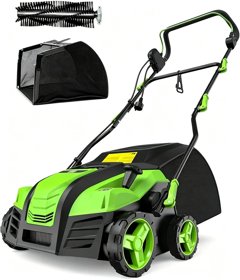 Aspiron GH002 16” Artificial Turf Sweeper 2000W Artificial Turf Vacuum 15Amp Grass Sweeper Yard Power Brush with 55L Removable Leaf Collection Bag, Quick-Fold, Keeps Clear Sweepy Box