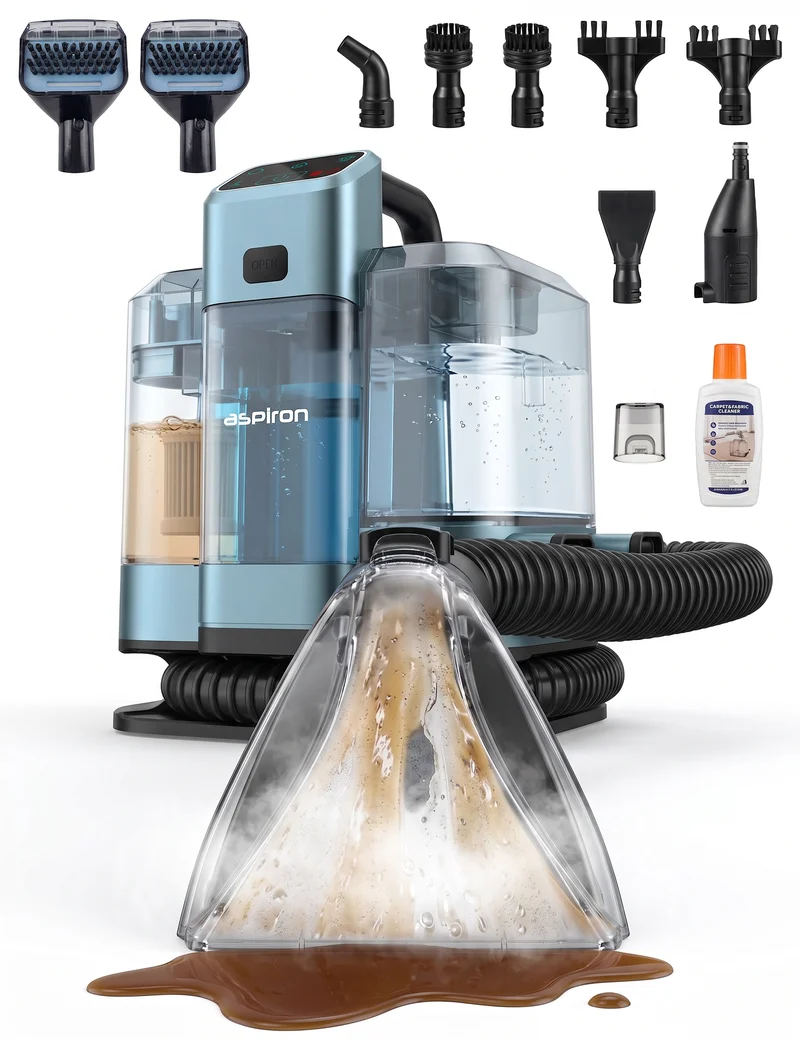 Aspiron CA052 20KPA/1600W Multifunctional Carpet Cleaner Machine,Professional Steam Cleaner,9 Brushes, 1.7L Water Tank,300 ML Cleaning Solution, 5M Cord,for Carpet,Sofa,Pet Stains,Mattress,Furniture,Car