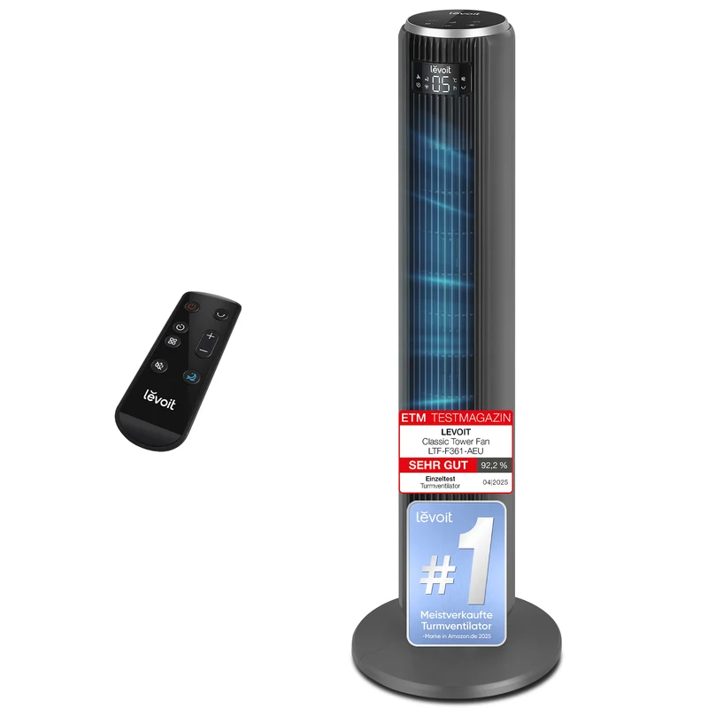 Levoit Turmventilator 36AC – Leiser Säulenventilator mit Schlafmodus & Fernbedienung | Mattgrau