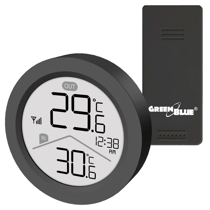 GreenBlue Funk-Wetterstation, Innen-/Außentemperatur, Uhr, wahlweise °C / °F, Reichweite bis zu 60 m, schwarz, GB162 B