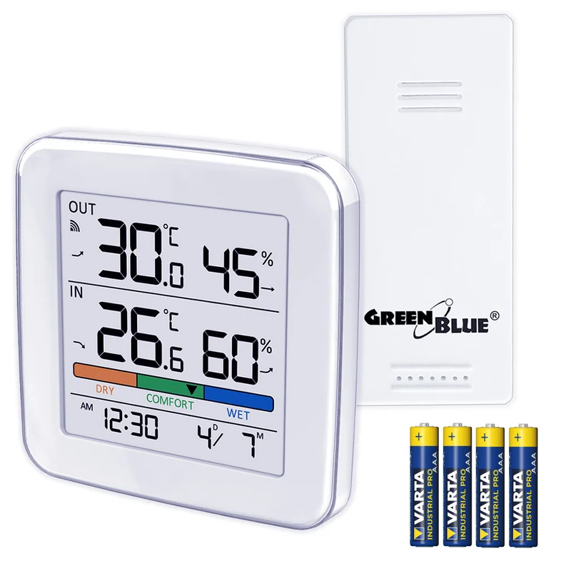 Drahtlose Wetterstation GreenBlue, Temperatur + Luftfeuchtigkeit IN/OUT, Uhr + Alarm + Datum, wahlweise °C / °F, Reichweite bis zu 60 m, GB169, 4x AAA-Batterie
