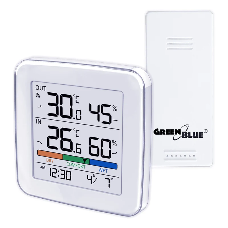 Drahtlose Wetterstation GreenBlue, Temperatur + Luftfeuchtigkeit IN/OUT, Uhr + Alarm + Datum, wahlweise °C / °F, Reichweite bis zu 60 m, GB169