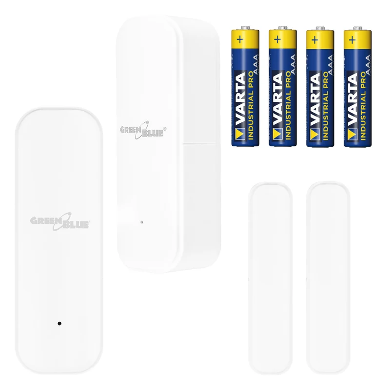 Drahtloser Reed-Schalter / WLAN-Öffnungssensor von GreenBlue, Android/iOS, für Türen / Fenster, 3,0 V DC, LR03x2, GB479, 2 Stück + 4x AAA-Alkalibatterie Varta Industrial 4003