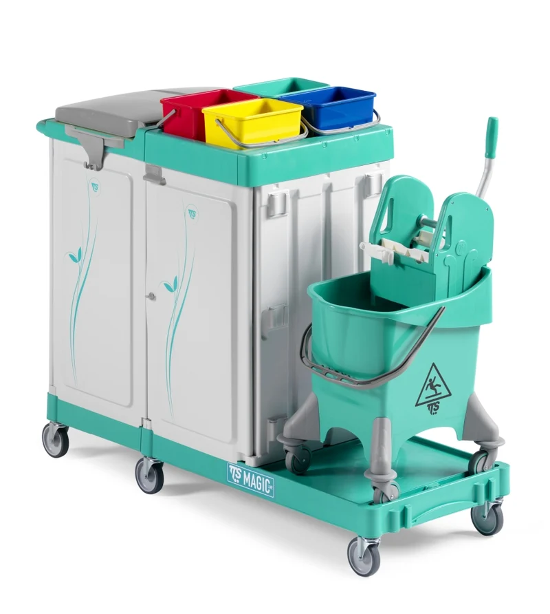 TTS Carro limpeza Magic Line 380E – com Porta-Sacos de 120 L, Zona de Arrumação e Sistema de Lavagem com Espremedor