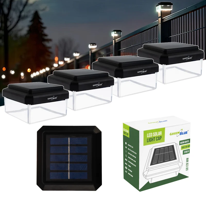 GreenBlue LED-Solarlampe für Pfosten, 100 x 100 mm, Briefumschlag-Abdeckung, 3200 K, GB128 WW, 4 Stück