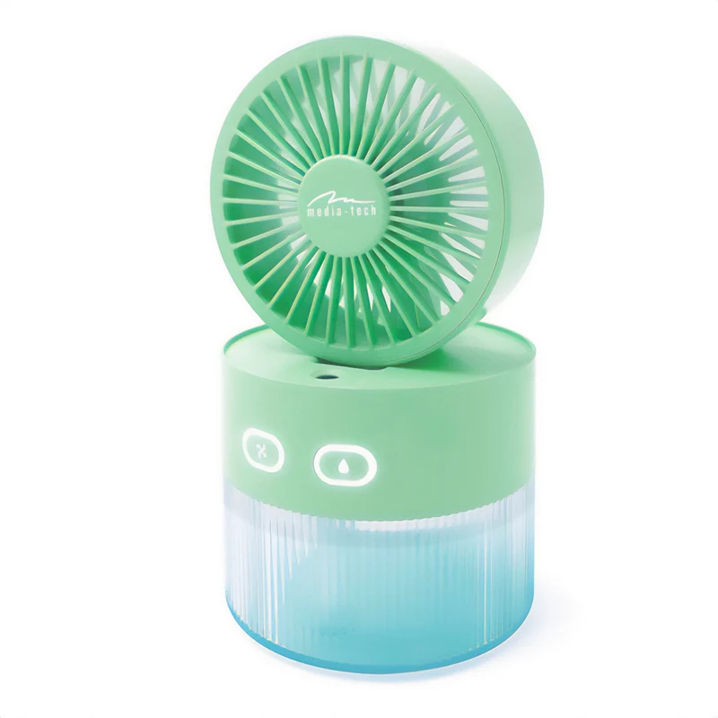 Tischventilator mit Luftbefeuchtung. Fassungsvermögen 350ml. Nebel von 40ml/h. USB-C-Stromversorgung.