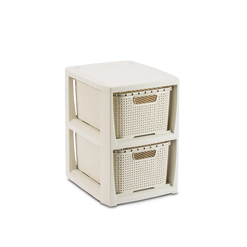 BranQ Rattan Korbregal Badregal mit 2 Körben Schubladen Badezimmer Regal (S - 2-Fach, Antikweiß)